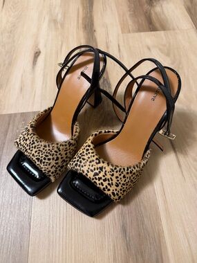 Maeve Anthropologie Leopard Calf Hair Heels Square Toe Slingback Size 37 NWOT